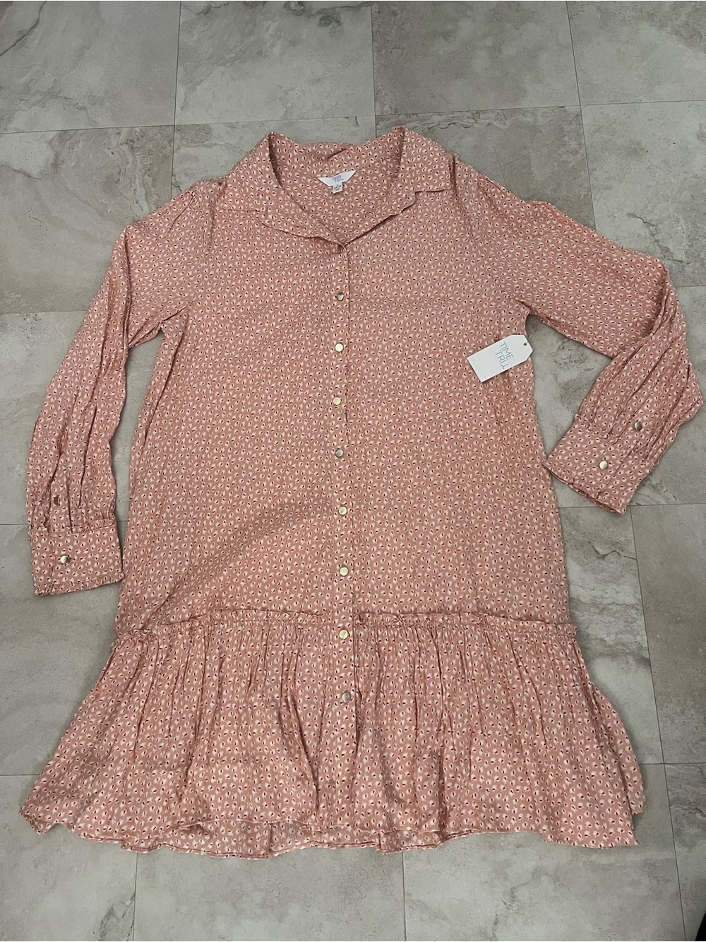 Time and Tru Dusty Peach Floral Button-Front Ruffle Dress